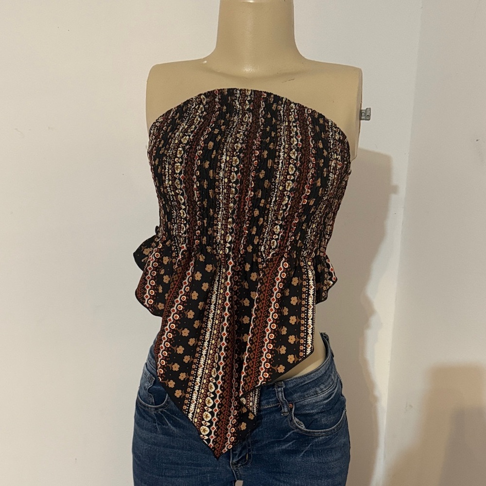 SHEIN Black and Brown Strapless Boho Top
